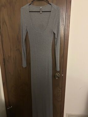 Skims Classic Grey Scoop-Neck Long Sleeve Maxi Dress